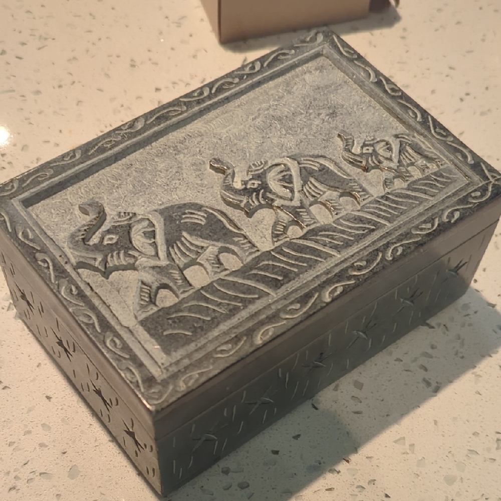 Elephant Carved Gray Stone Box
